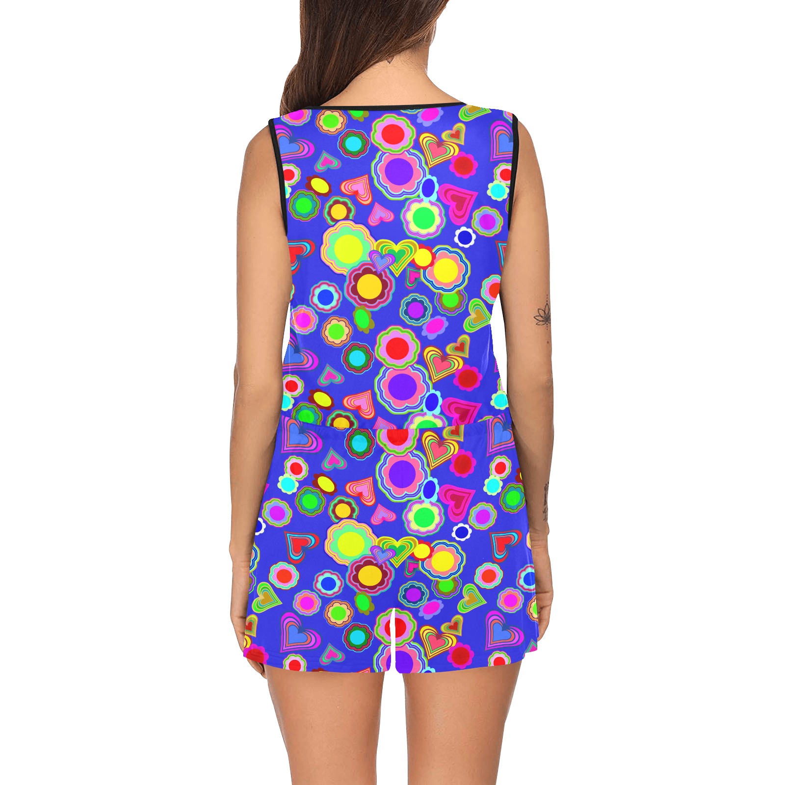 Groovy Hearts and Flowers Blue All Over Print Short Jumpsuit