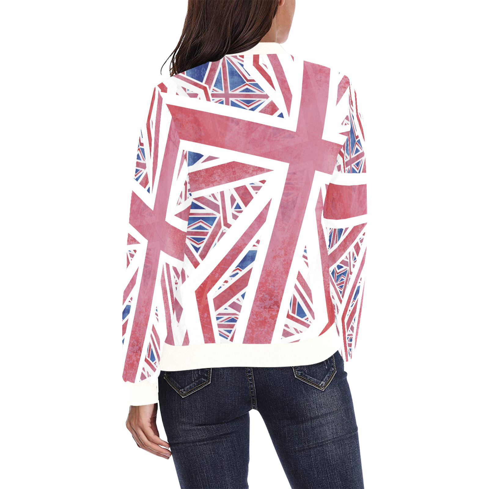 Abstract Union Jack British Flag Collage All Over Print Bomber Jacket for Women (Model H36)