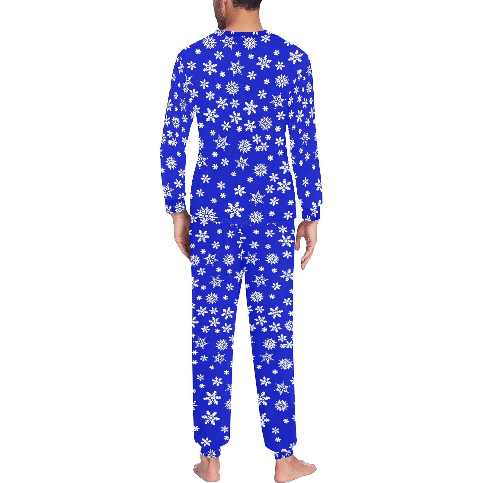 Christmas White Snowflakes on Blue Men's All Over Print Pajama Set with Custom Cuff