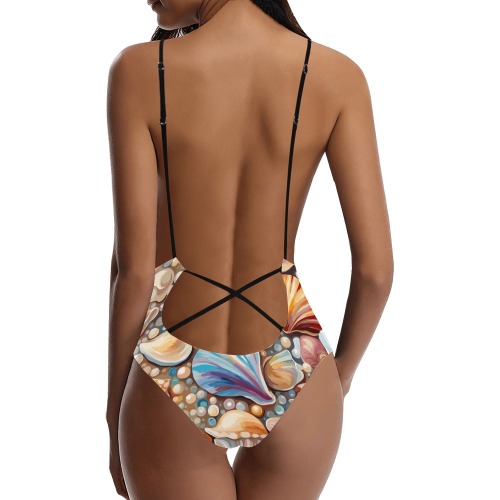 Fantastic pattern of shells, conches, pearls art. Sexy Lacing Backless One-Piece Swimsuit (Model S10)