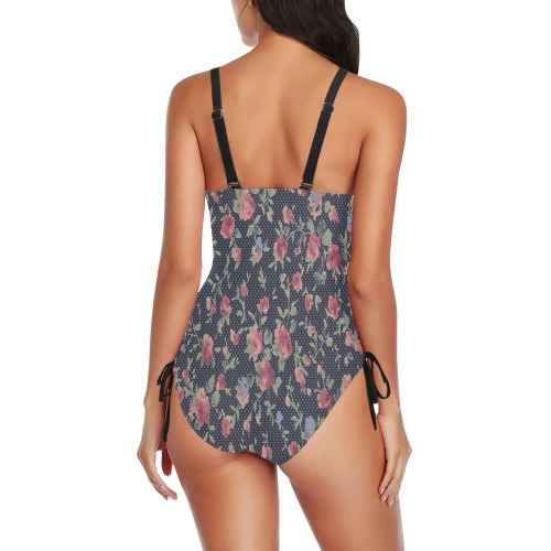Polka Dotted Rosebuds Drawstring Side One-Piece Swimsuit (Model S14)