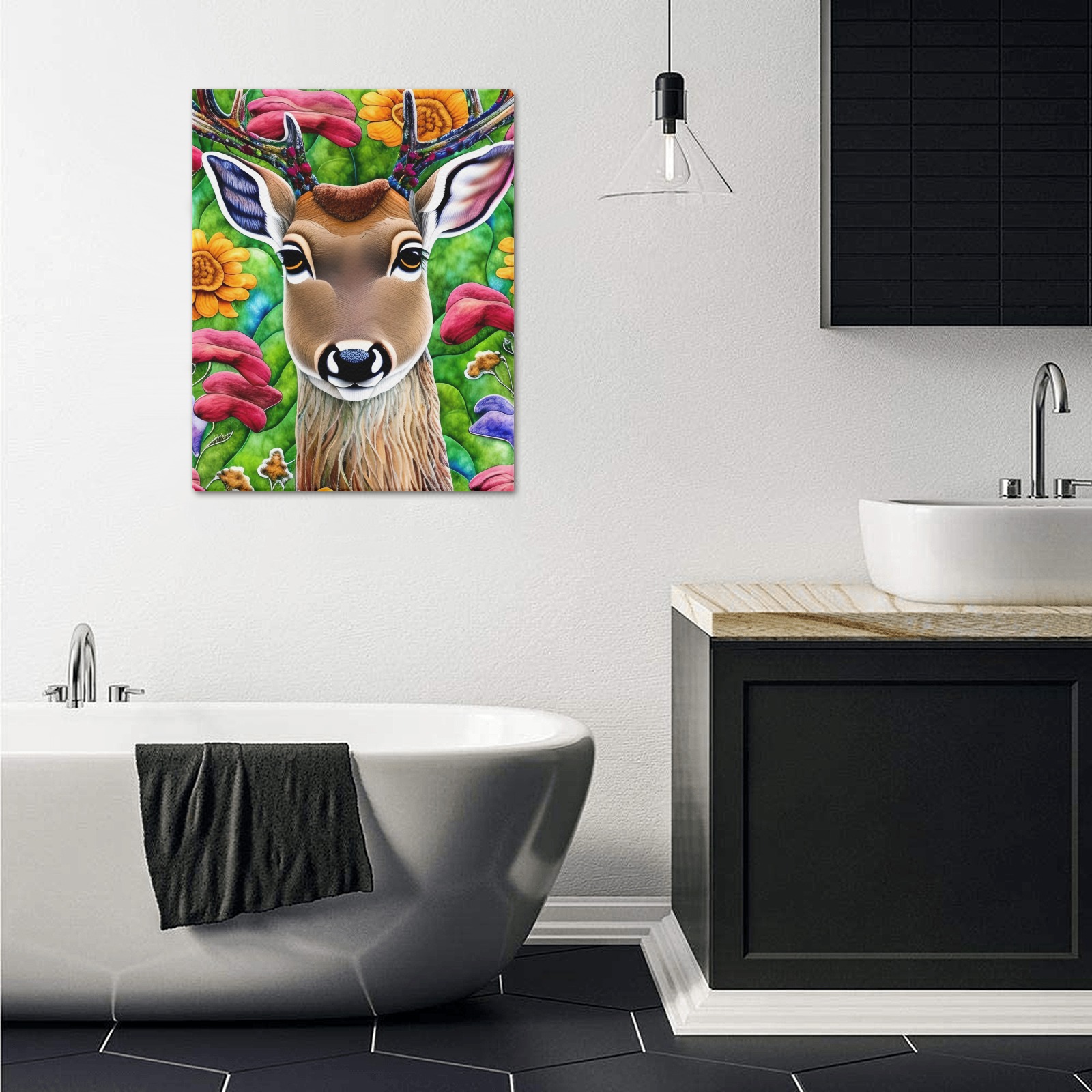 Boho Aesthetic Deer Simulated Quilt Artwork Frame Canvas Print 16"x20"