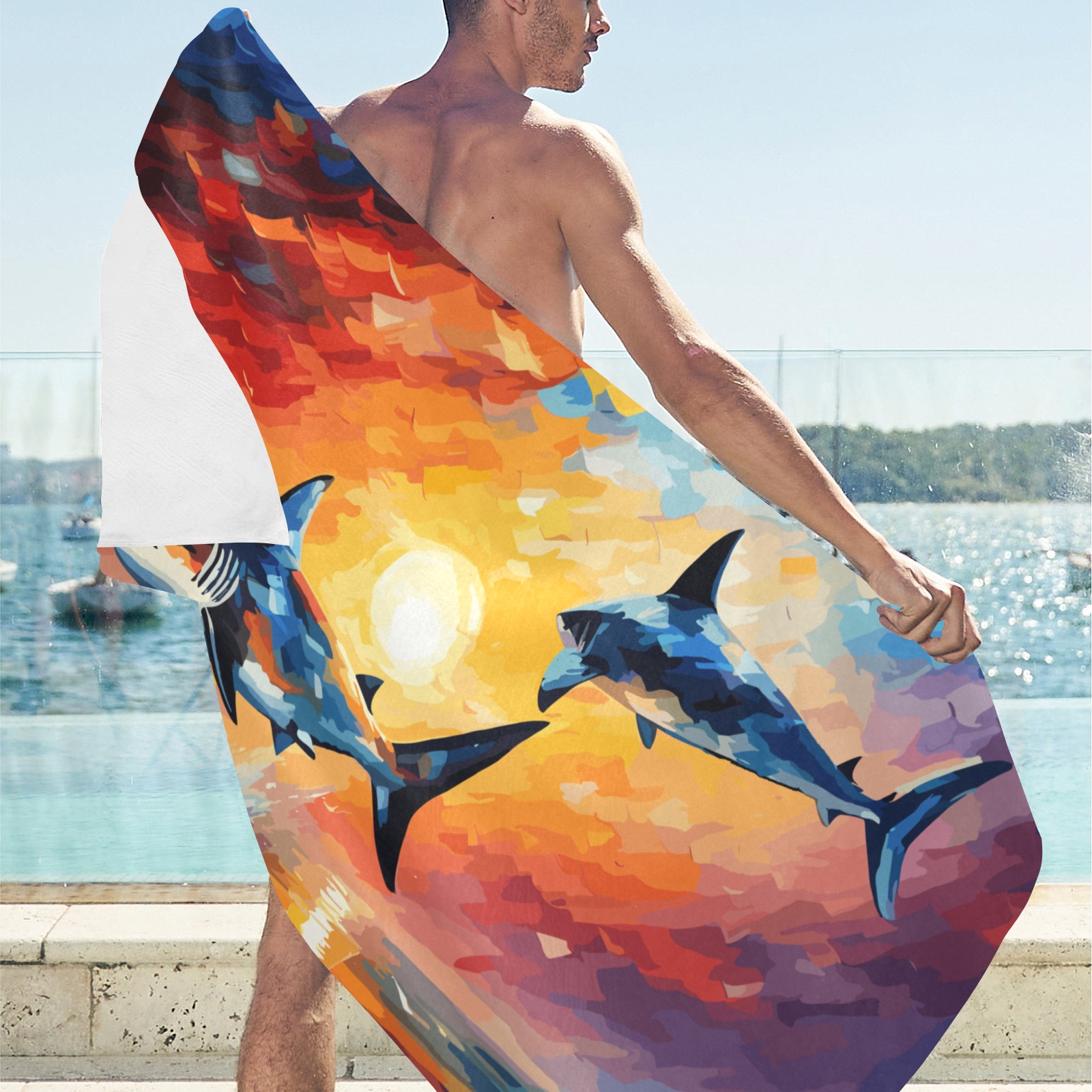 Sharks jump over the ocean at sunset fantasy art. Beach Towel 32"x 71"