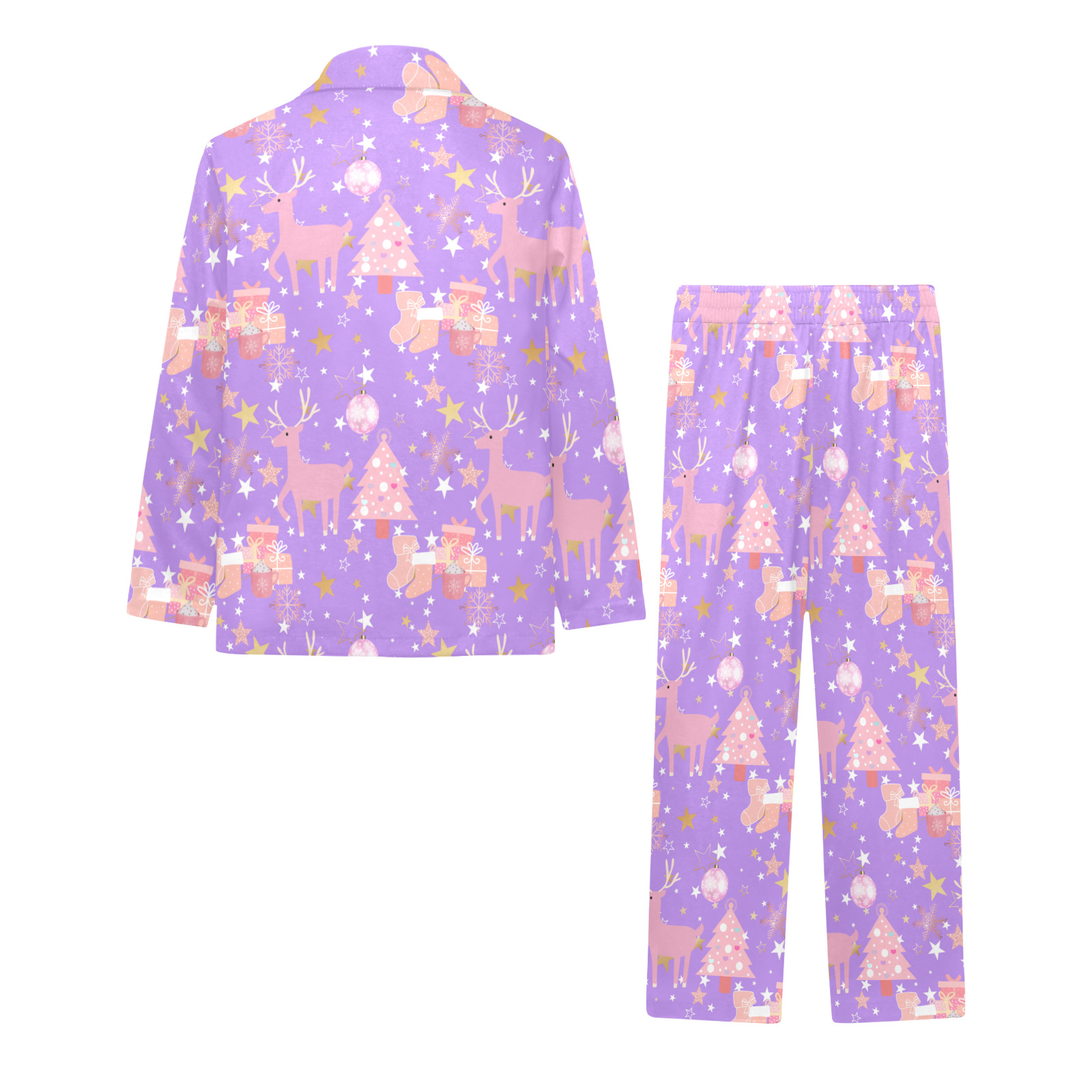Pink and Purple and Gold Christmas Design Big Girls' V-Neck Long Pajama Set