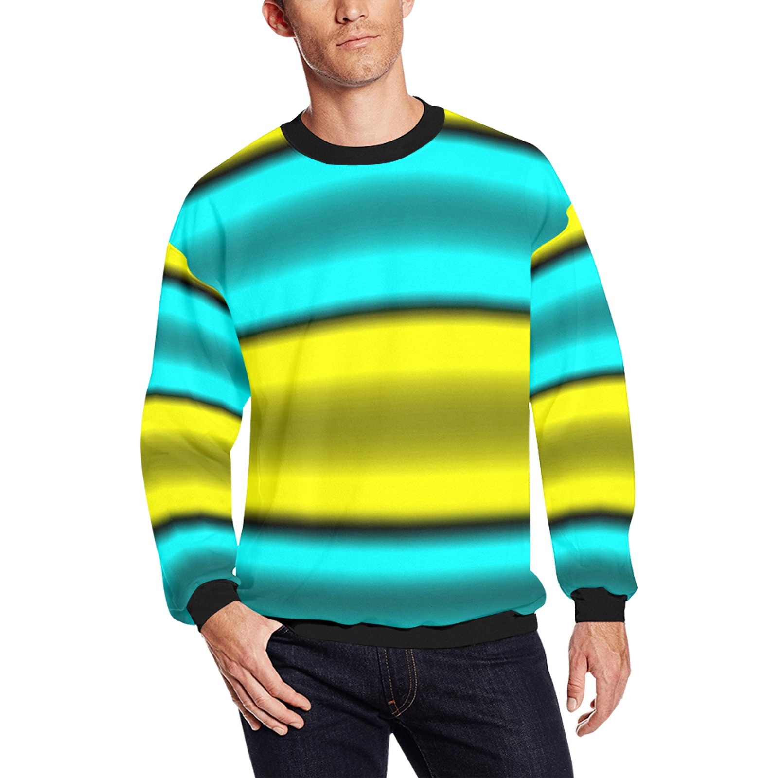 Yellow & Cyan Horizontal Stripes Men's Oversized Fleece Crew Sweatshirt (Model H18)