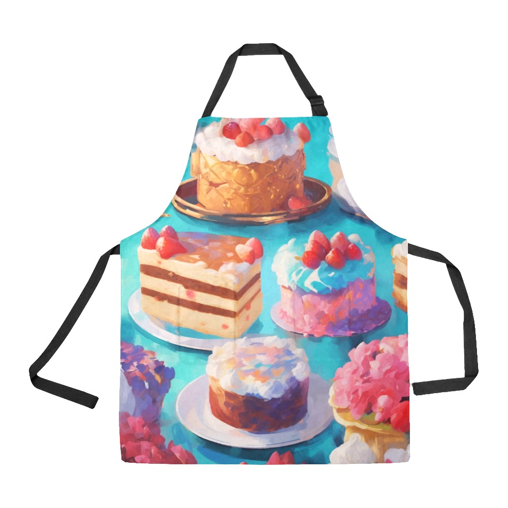 Variety of yummy cakes on a table. Sweet desserts. All Over Print Apron