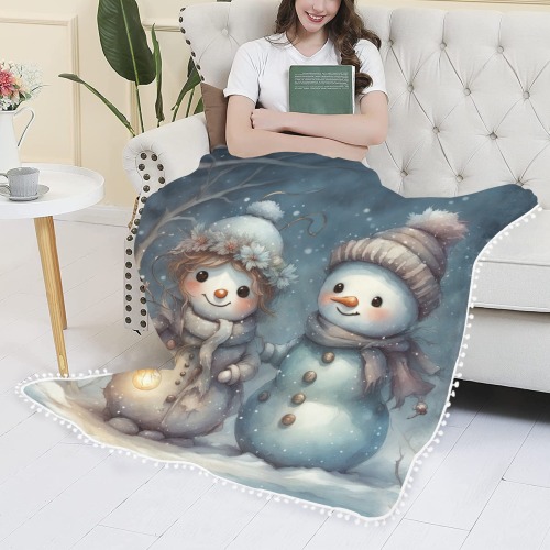 Snowman Couple Pom Pom Fringe Blanket 60"x80"