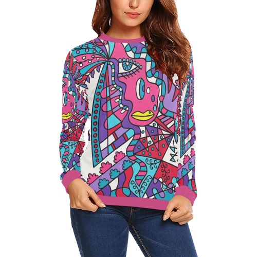 Tickle / Pink All Over Print Crewneck Sweatshirt for Women (Model H18)