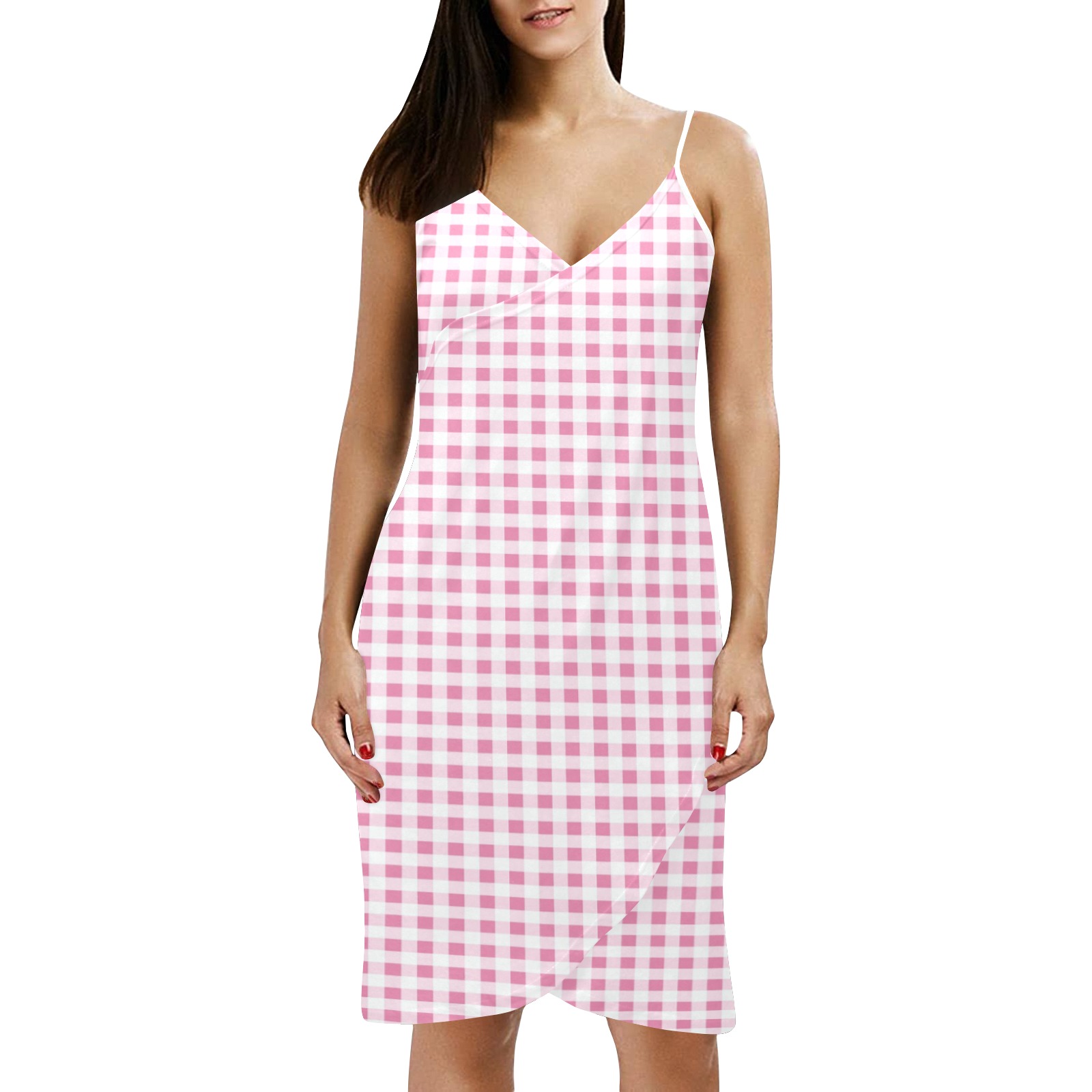 Petal Pink Gingham Spaghetti Strap Backless Beach Cover Up Dress (Model D65)