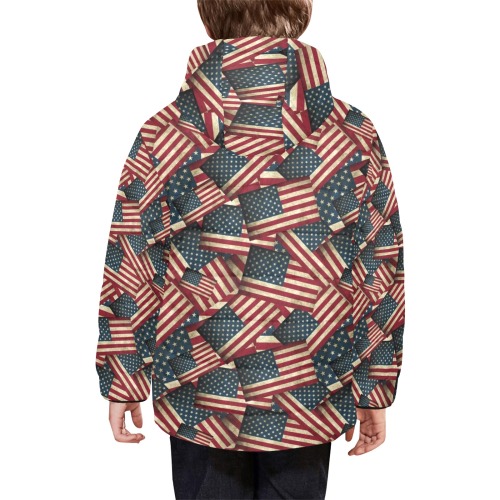 Patriotic USA American Flag Art Kids' Padded Hooded Jacket (Model H45)