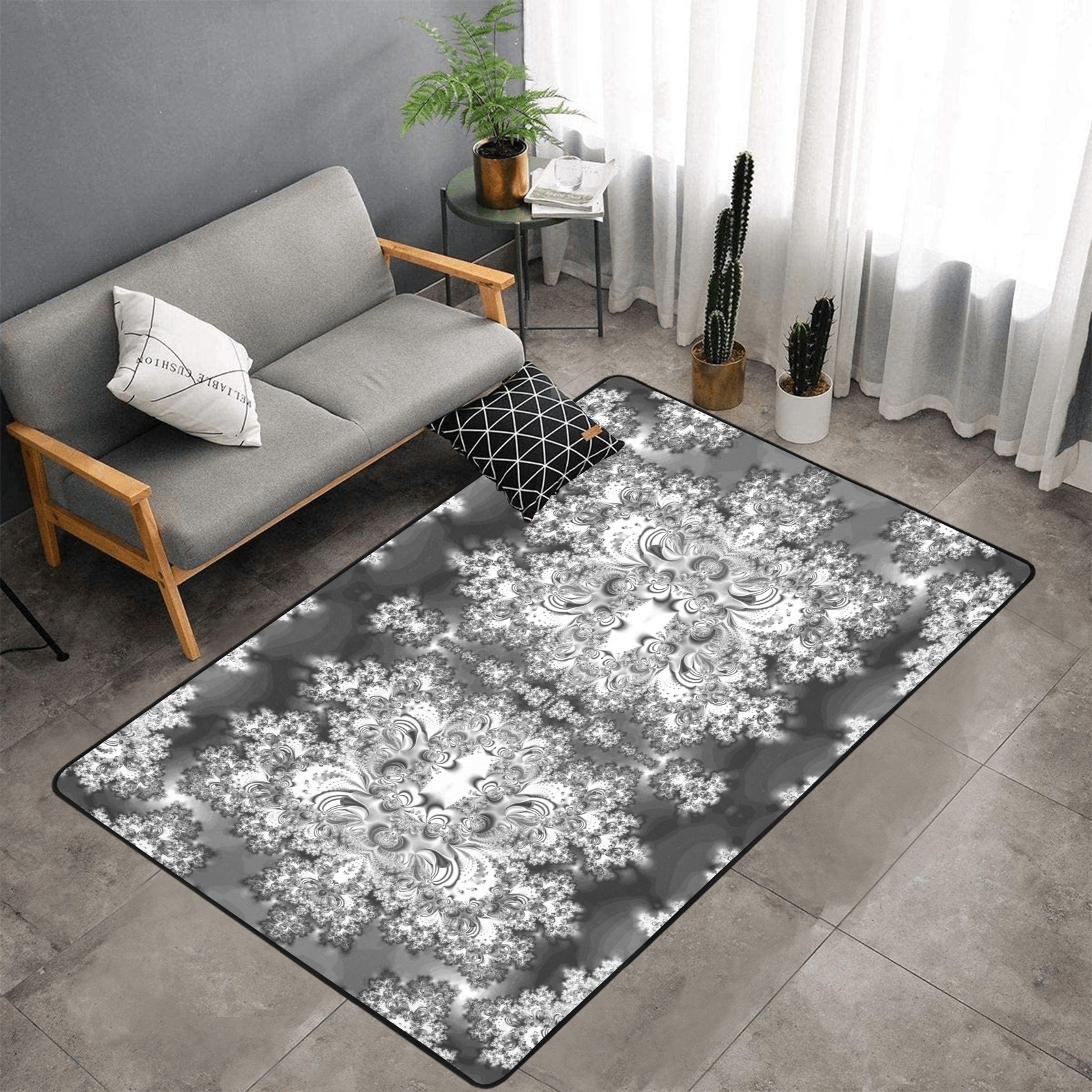 Silver Linings Frost Fractal Area Rug with Black Binding 7'x5'