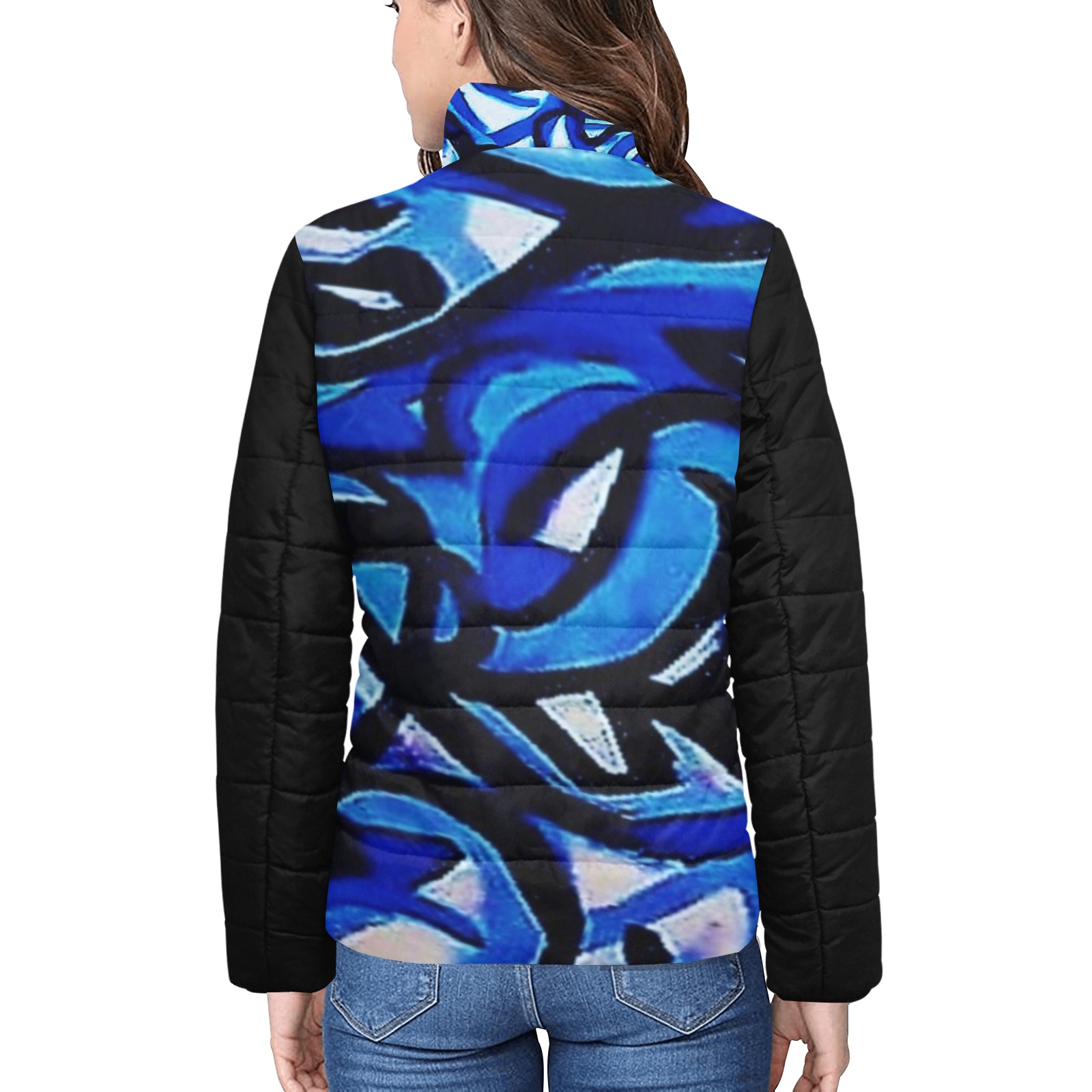 Blue Abstract Graffiti bomber jacket Women's Stand Collar Padded Jacket (Model H41)