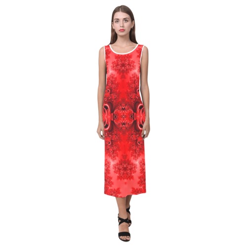 Fiery Red Rose Garden Frost Fractal Phaedra Sleeveless Open Fork Long Dress (Model D08)