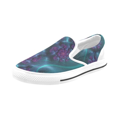 Turquoise and Purple Flowers and Seedheads Fractal Abstract Slip-on Canvas Shoes for Kid (Model 019)