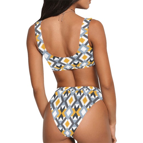 Retro Angles Abstract Geometric Pattern Sport Top & High-Waisted Bikini Swimsuit (Model S07)