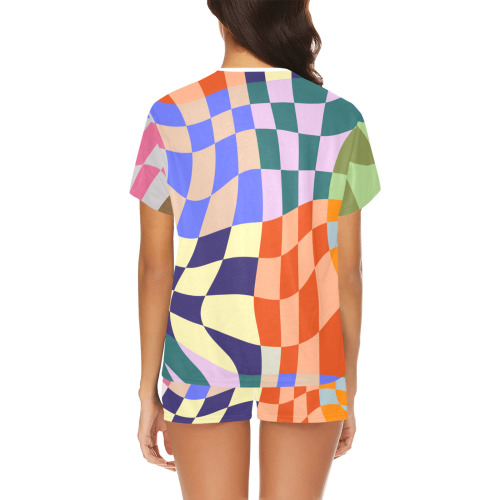 Wavy Groovy Geometric Checkered Retro Abstract Mosaic Pixels Women's Short Pajama Set