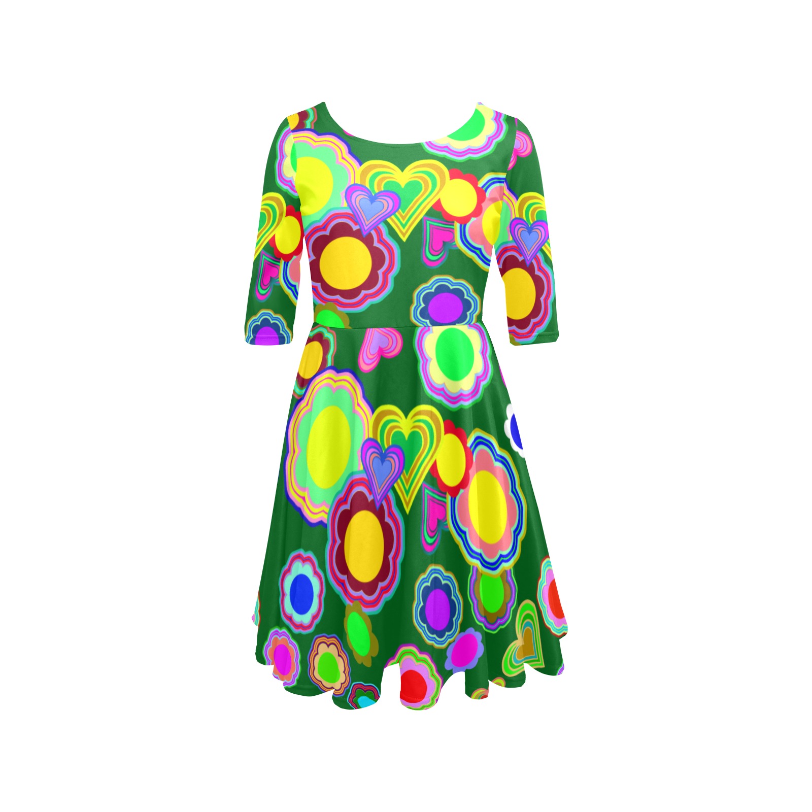 Groovy Hearts and Flowers Green Half Sleeve Skater Dress (Model D61)
