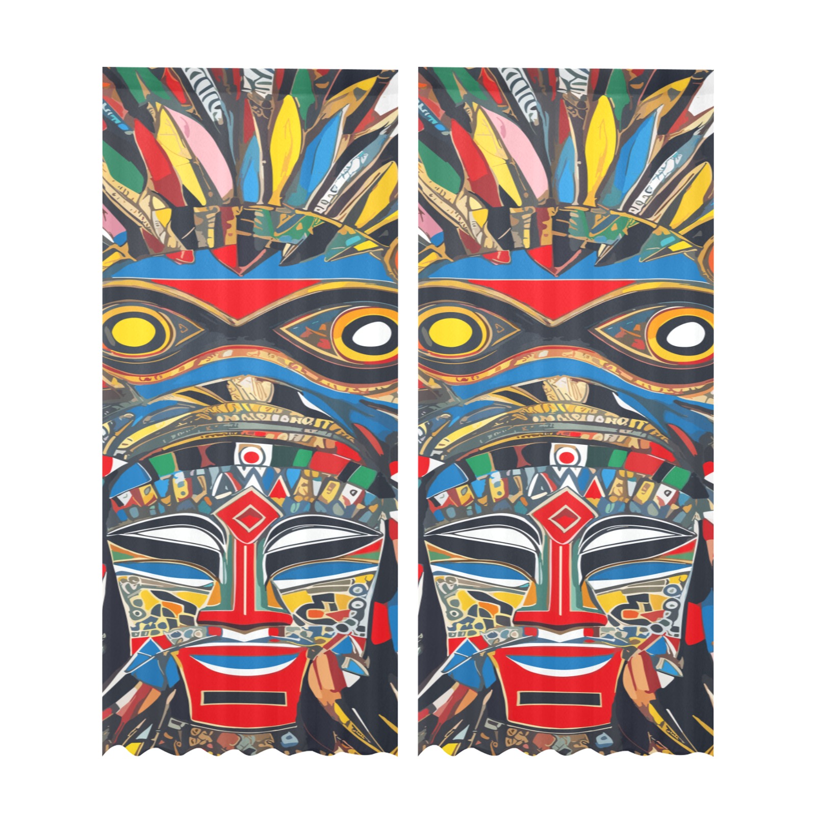 Chic abstract African masks. Colorful abstract art Gauze Curtain 28"x95" (Two-Piece)