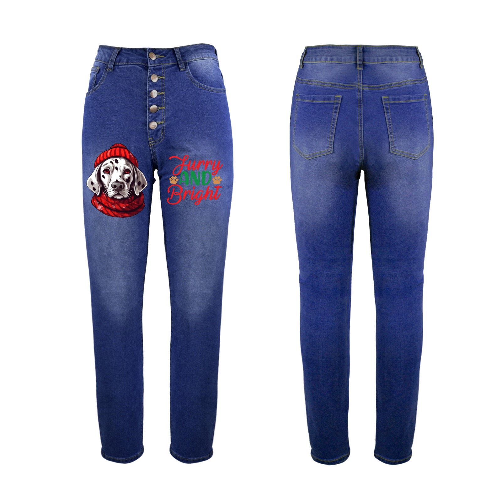Furry and Bright Christmas Dalmatian Women's Jeans (Front Printing)