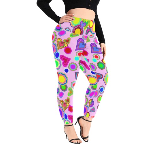 Groovy Hearts and Flowers Pink Women's Extra Plus Size High Waist Leggings (Model L45)