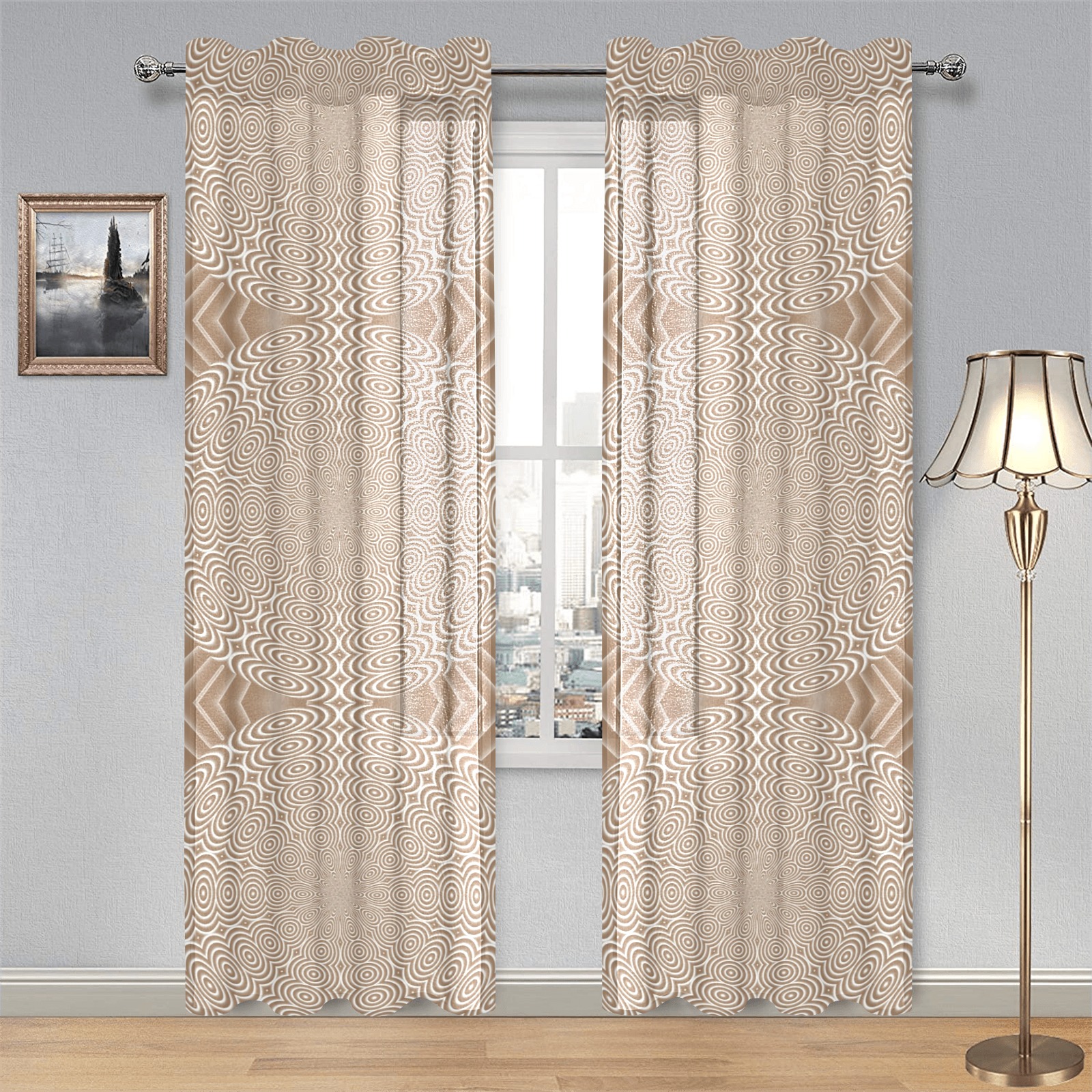 Gouse pol circle strip bw brown Gauze Curtain 28"x84" (Two-Piece)