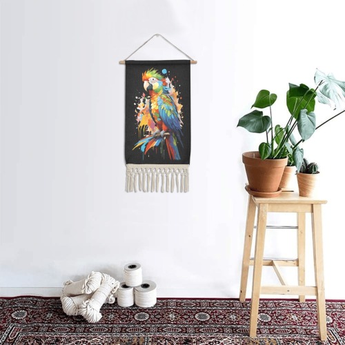 Colorful parrot bird and splashes of paint art. Linen Hanging Poster