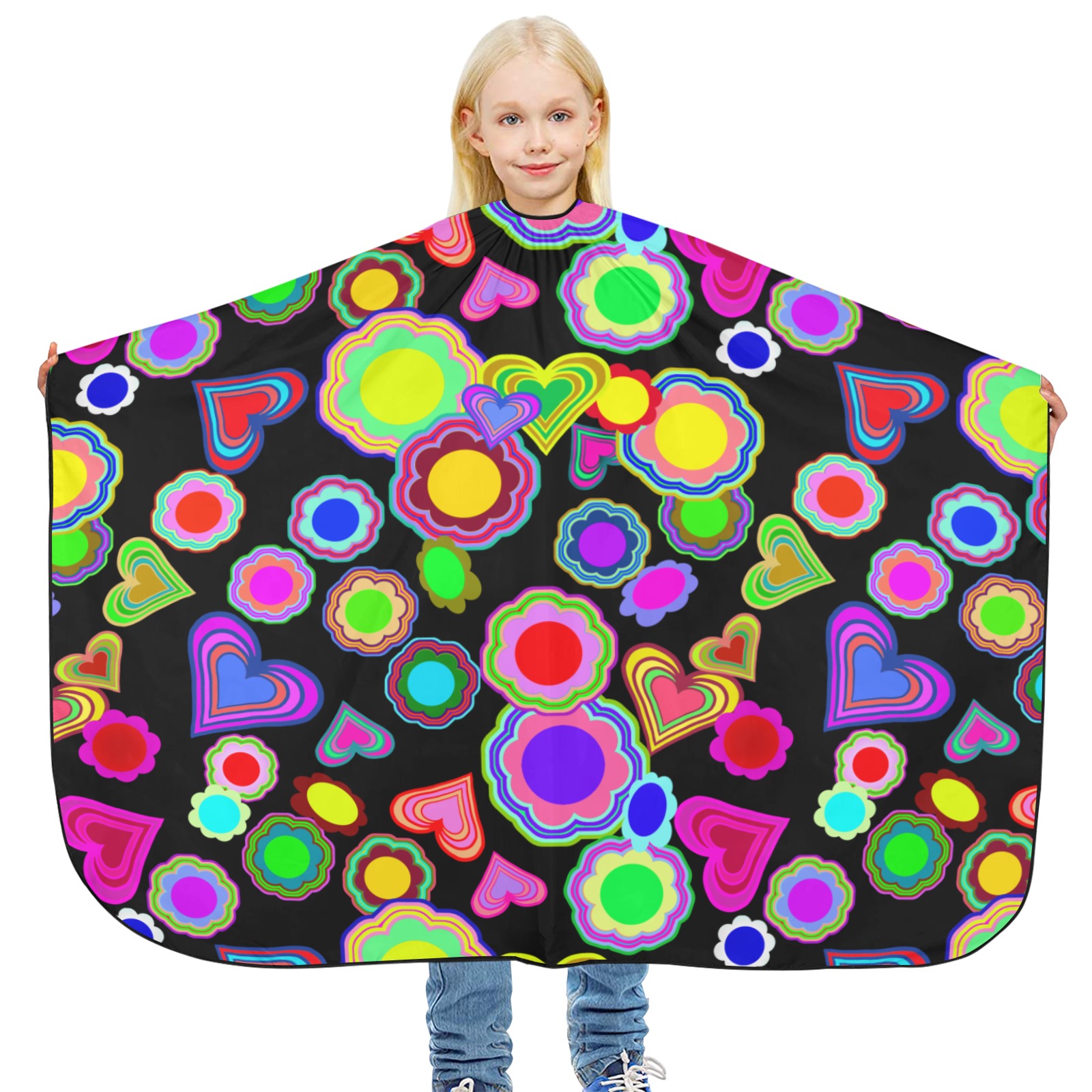 Groovy Hearts and Flowers Black Hair Cutting Cape for Kids