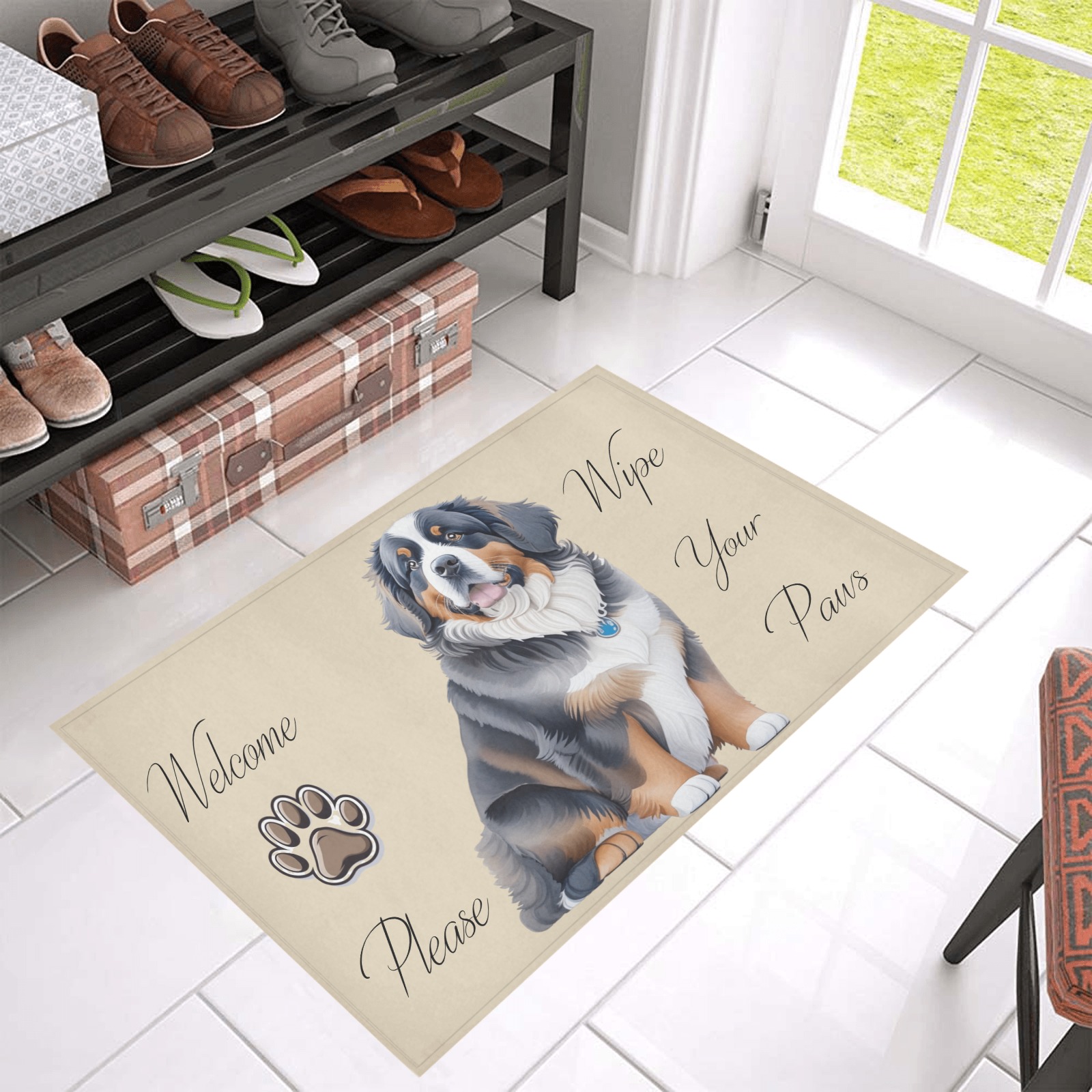Bernese Mountain Dog Please Wipe Your Paws Azalea Doormat 30" x 18" (Sponge Material)