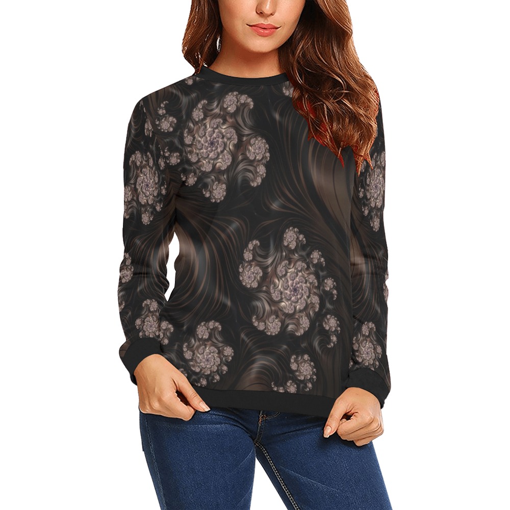 Blossoms and Dark Chocolate Swirls Fractal Abstract All Over Print Crewneck Sweatshirt for Women (Model H18)