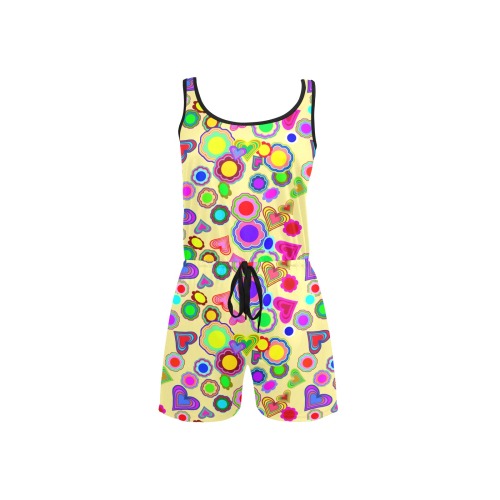 Groovy Hearts and Flowers Yellow All Over Print Short Jumpsuit