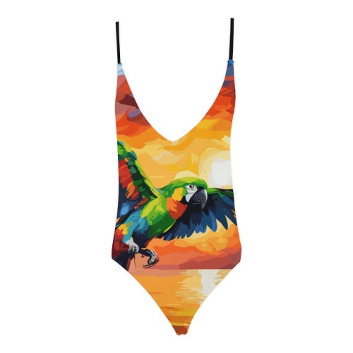 A parrot and a pirate ship. Dramatic ocean sunset. Sexy Lacing Backless One-Piece Swimsuit (Model S10)