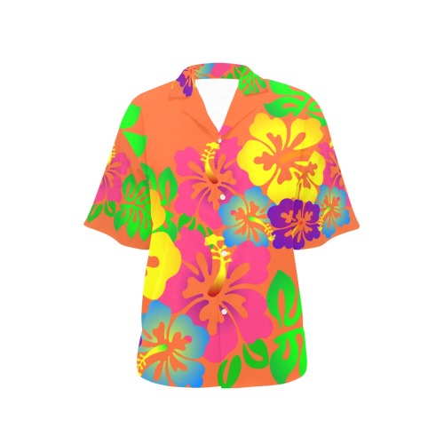 Hibiscus Hawaiian Flowers on Orange All Over Print Hawaiian Shirt for Women (Model T58)