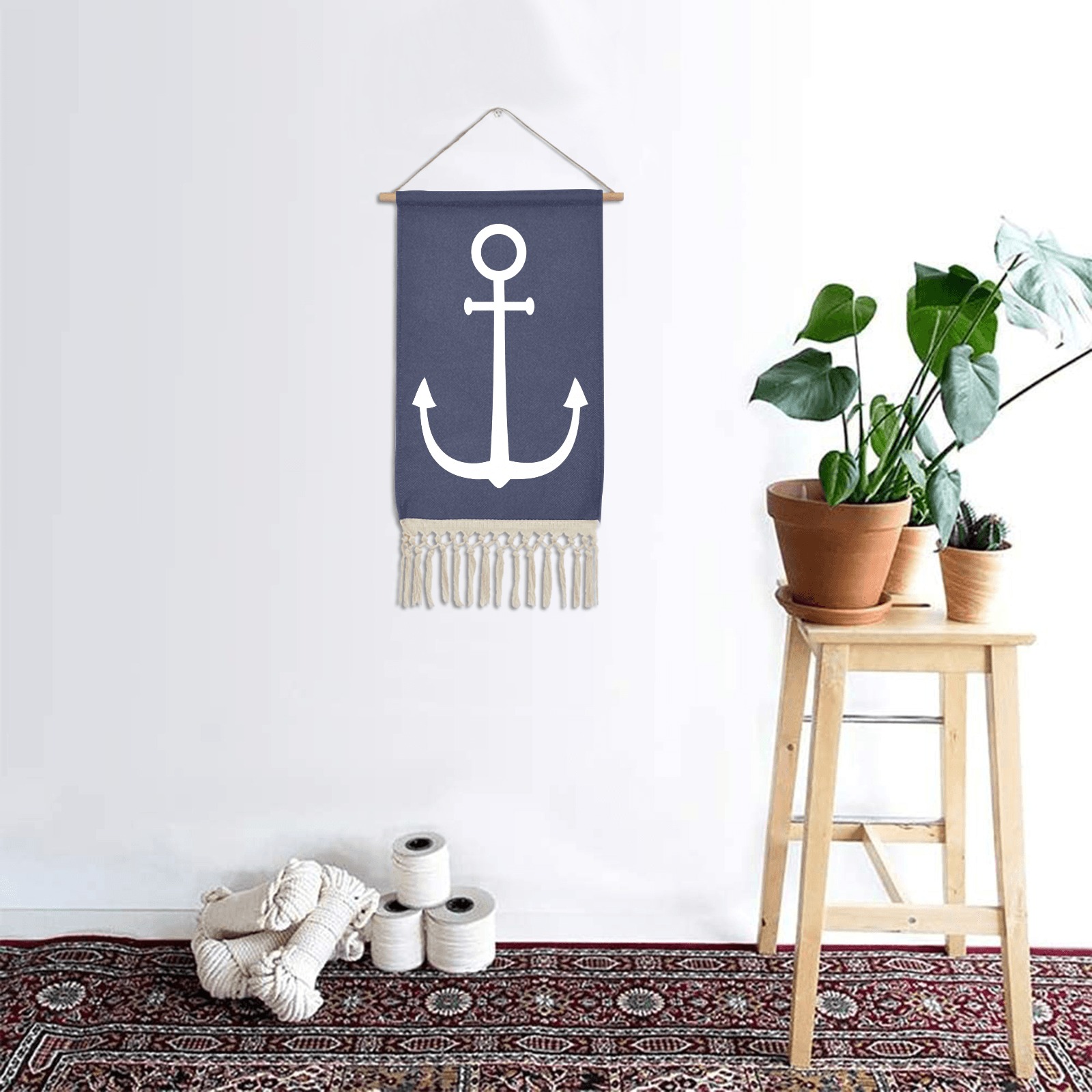 Silhouette image of an anchor of the white color. Linen Hanging Poster