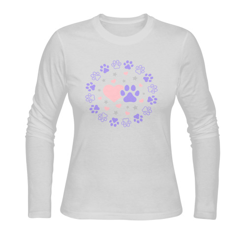 Pink and Purple Dog Cat Pet Lovers Hearts and Stars Paw Print Design Sunny Women's T-shirt (long-sleeve) (Model T07)