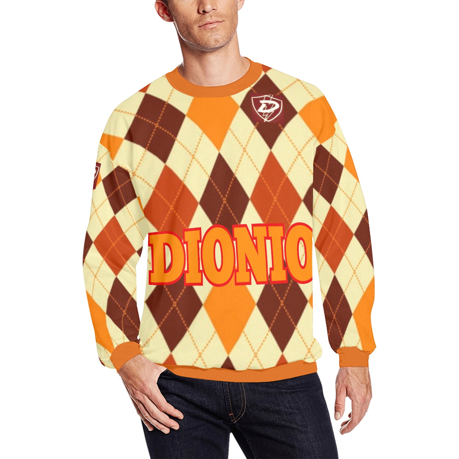 Dionio Clothing - Oversized Argyle Sweat Shirt ( Red Badge, Brown) Men's Oversized Fleece Crew Sweatshirt (Model H18)