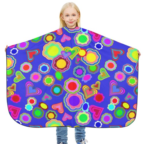 Groovy Hearts and Flowers Blue Hair Cutting Cape for Kids