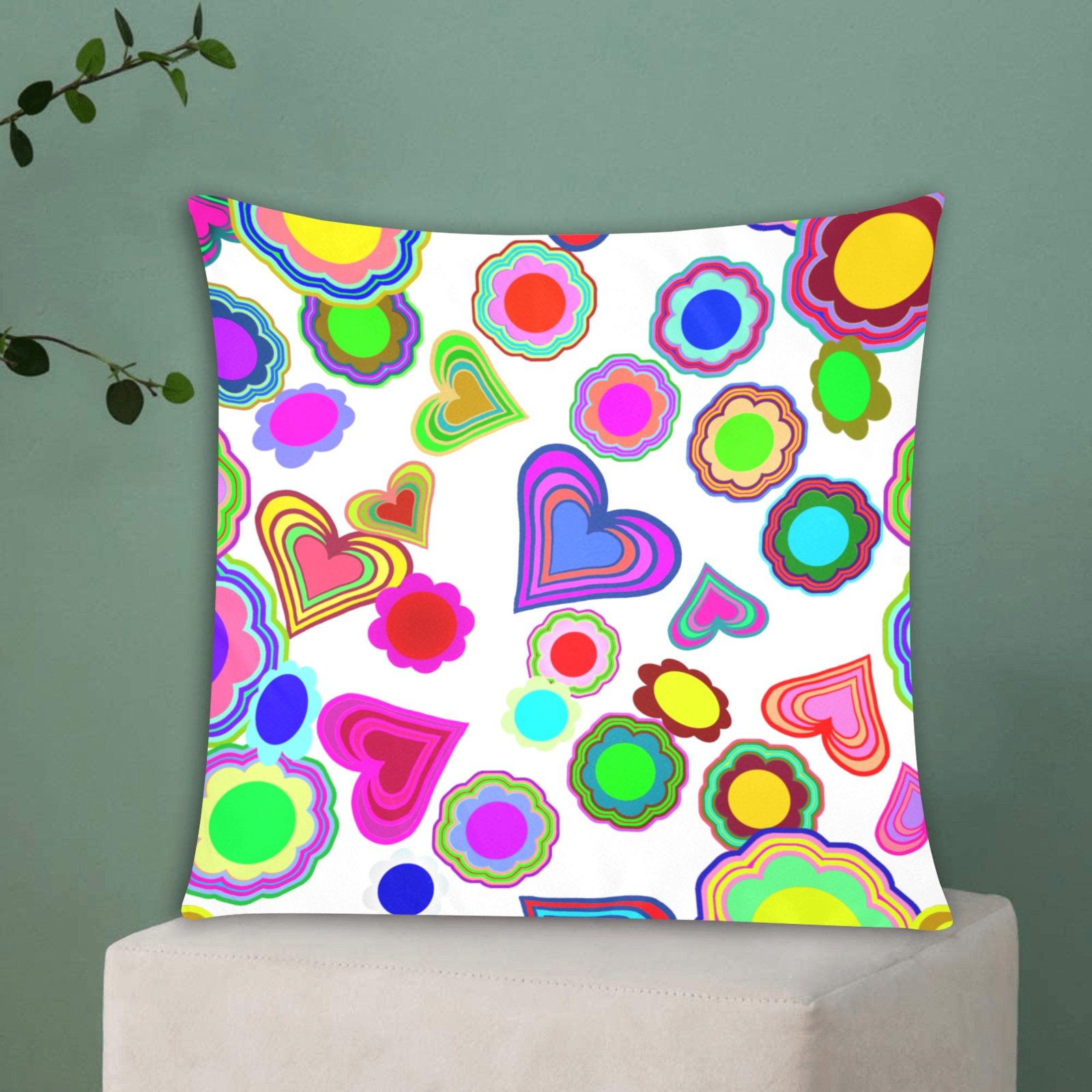 Groovy Hearts and Flowers White Custom Zippered Pillow Cases 18"x18" (Two Sides)