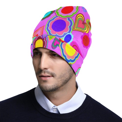 Groovy Hearts and Flowers Pink All Over Print Beanie for Adults