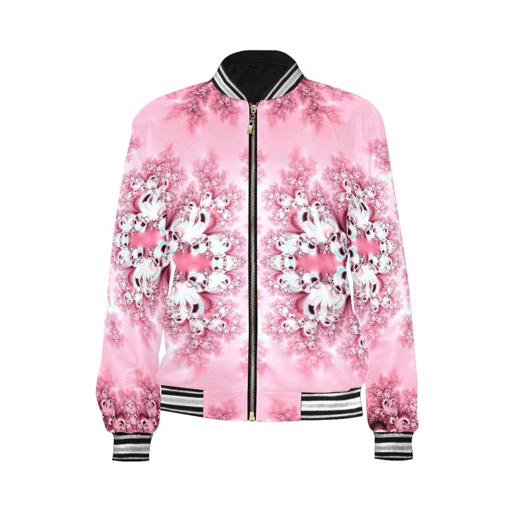 Pink Rose Garden Frost Fractal All Over Print Bomber Jacket for Women (Model H21)