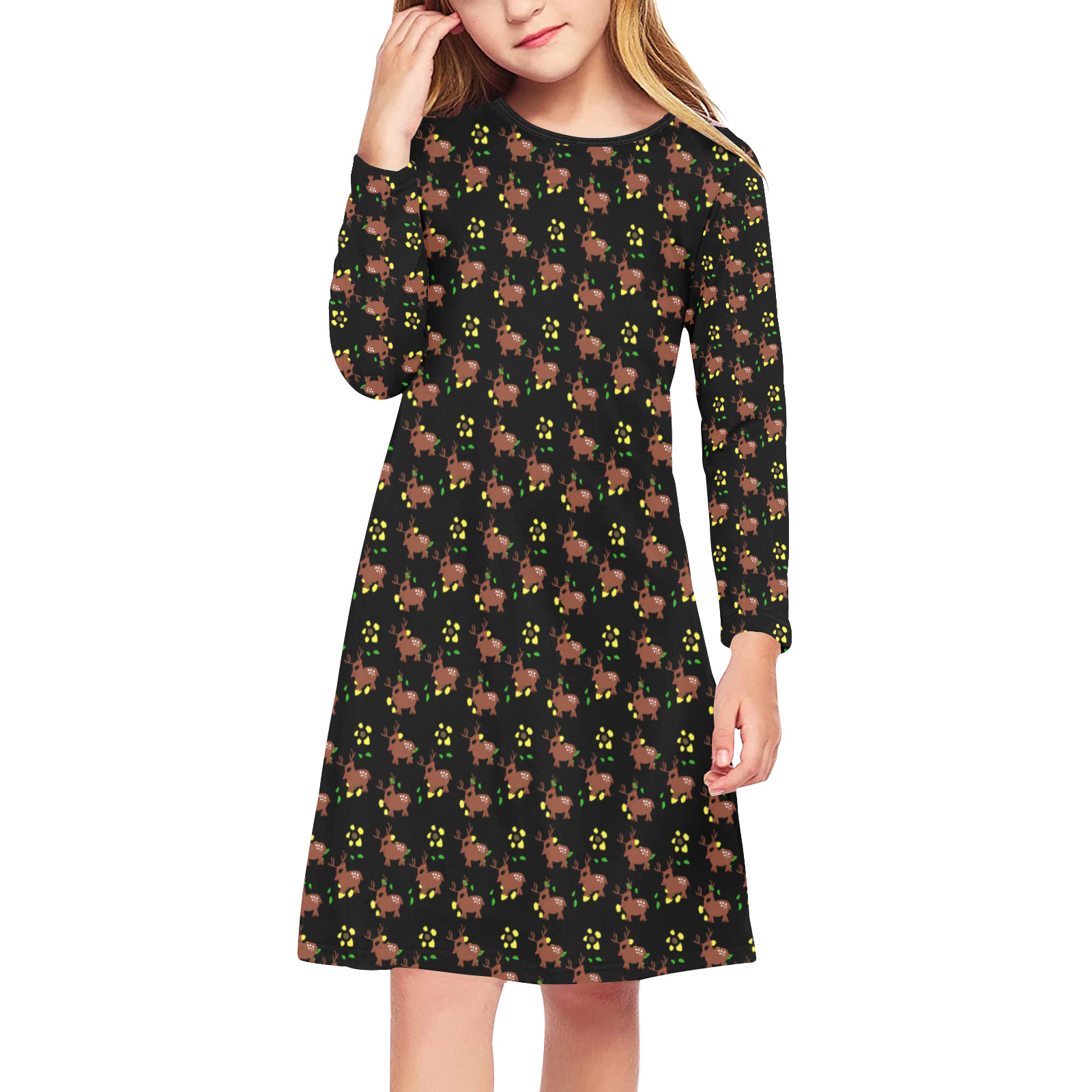 cute deer pattern black Girls' Long Sleeve Dress (Model D59)