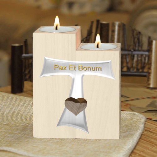Franciscan Tau Cross Pax Et Bonum Silver Metallic Wooden Candle Holder (Without Candle)