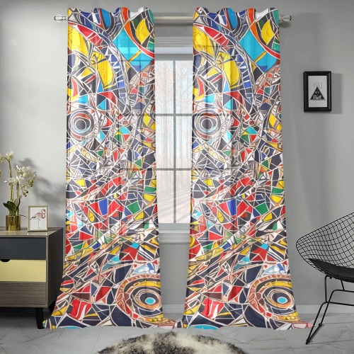 Colorful geometrical shapes. African theme art. Gauze Curtain 28"x95" (Two-Piece)