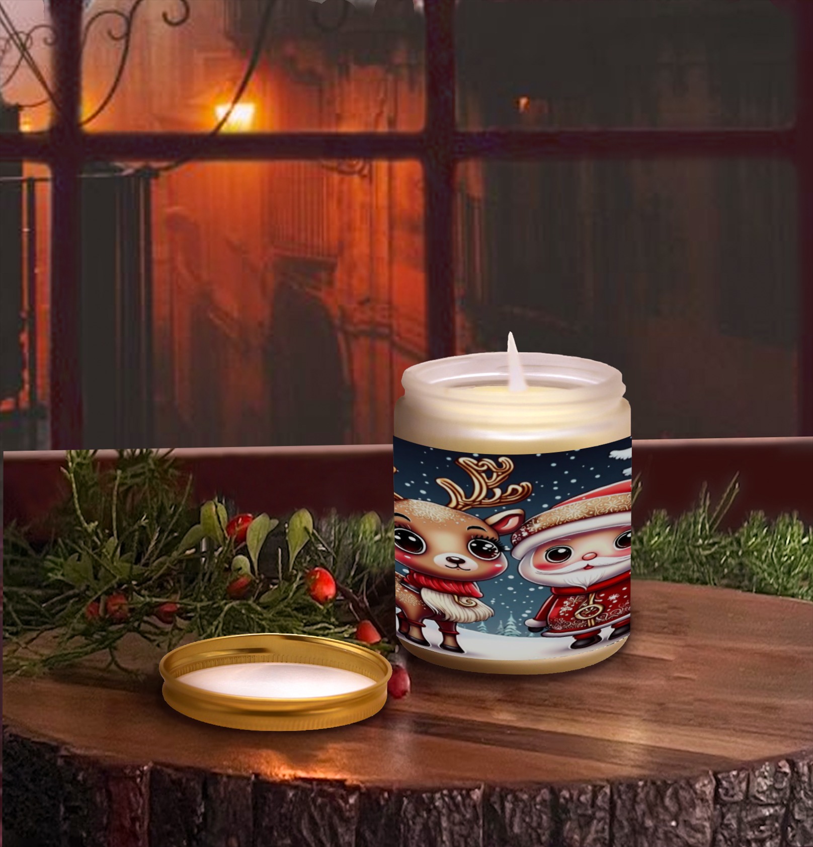 Santa and Reindeer Frosted Glass Candle Cup - Large Size (Lavender&Lemon)