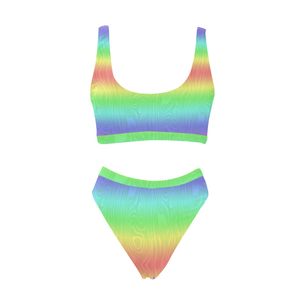 Groovy Pastel Rainbows Sport Top & High-Waisted Bikini Swimsuit (Model S07)