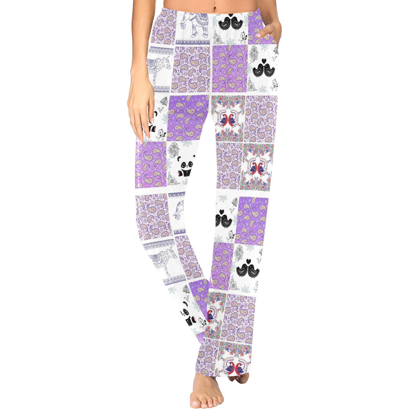 Purple Paisley Birds and Animals Patchwork Design Women's Pajama Trousers