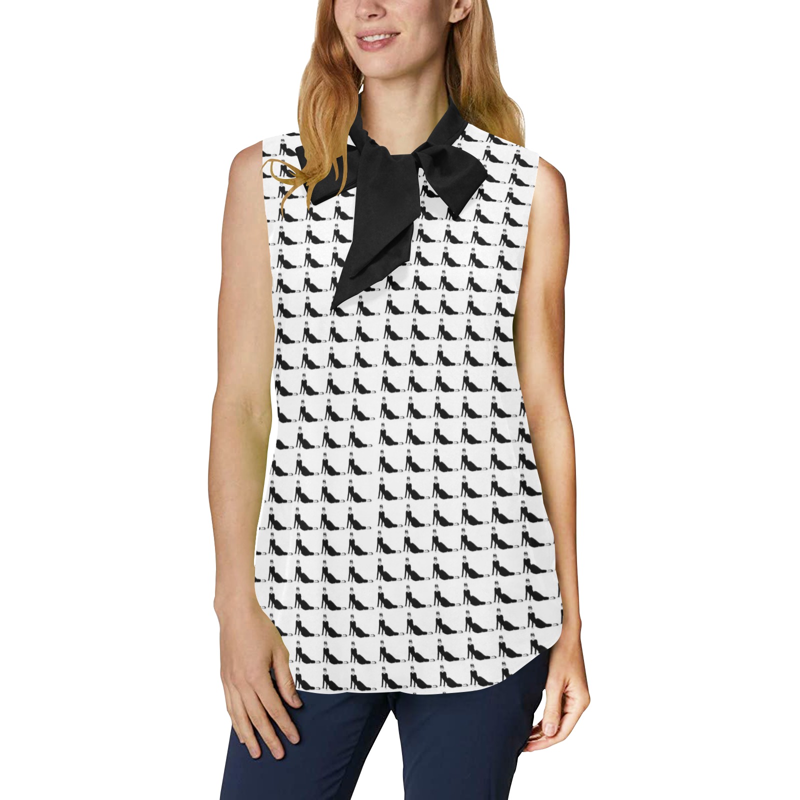 Lounging Audrey Houndstooth Plaid Women's Bow Tie V-Neck Sleeveless Shirt (Model T69)