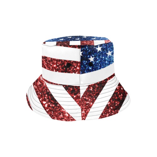 Sparkly USA flag America Red White Blue faux Sparkles patriotic bling 4th of July Unisex Summer Bucket Hat