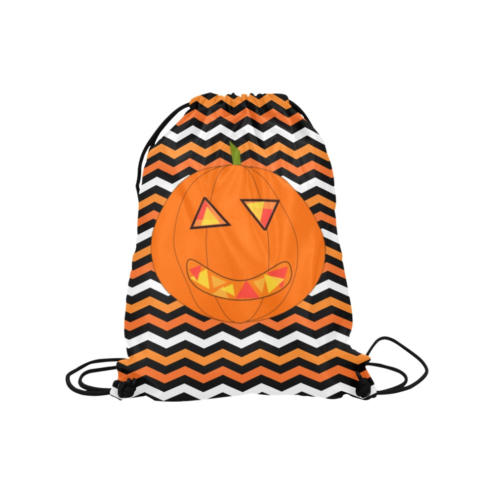 Halloween Chevron with Pumpkin Medium Drawstring Bag Model 1604 (Twin Sides) 13.8"(W) * 18.1"(H)