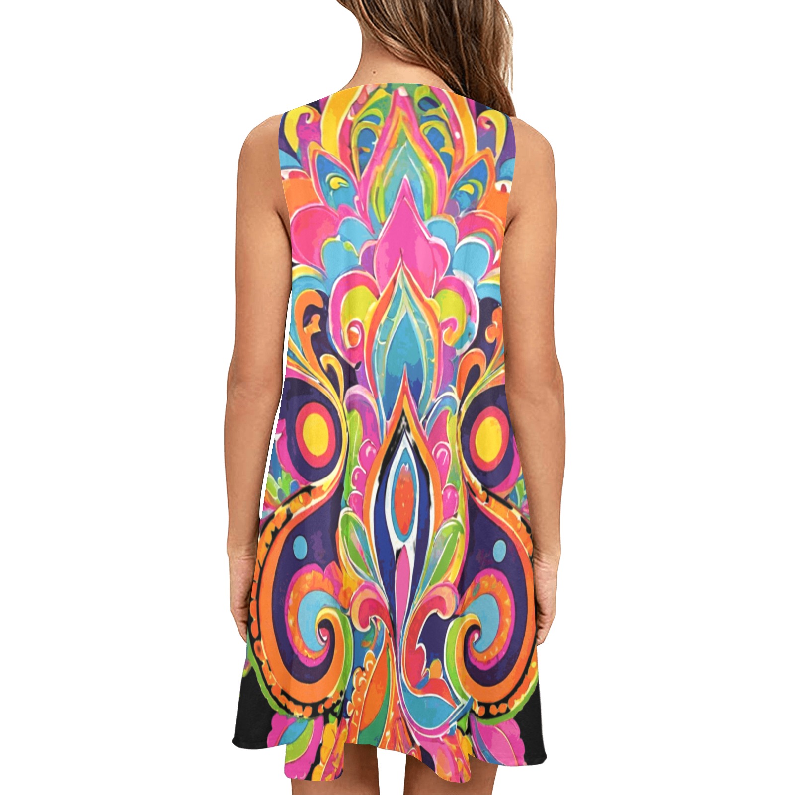 Abstract Retro Hippie Floral Paisley Sleeveless A-Line Pocket Dress (Model D57)