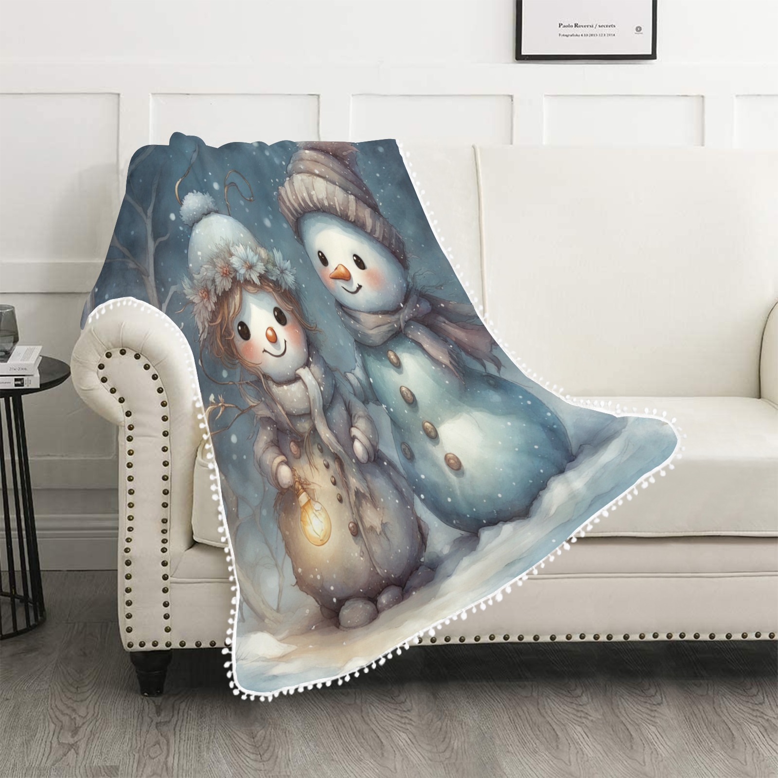 Snowman Couple Pom Pom Fringe Blanket 40"x50"